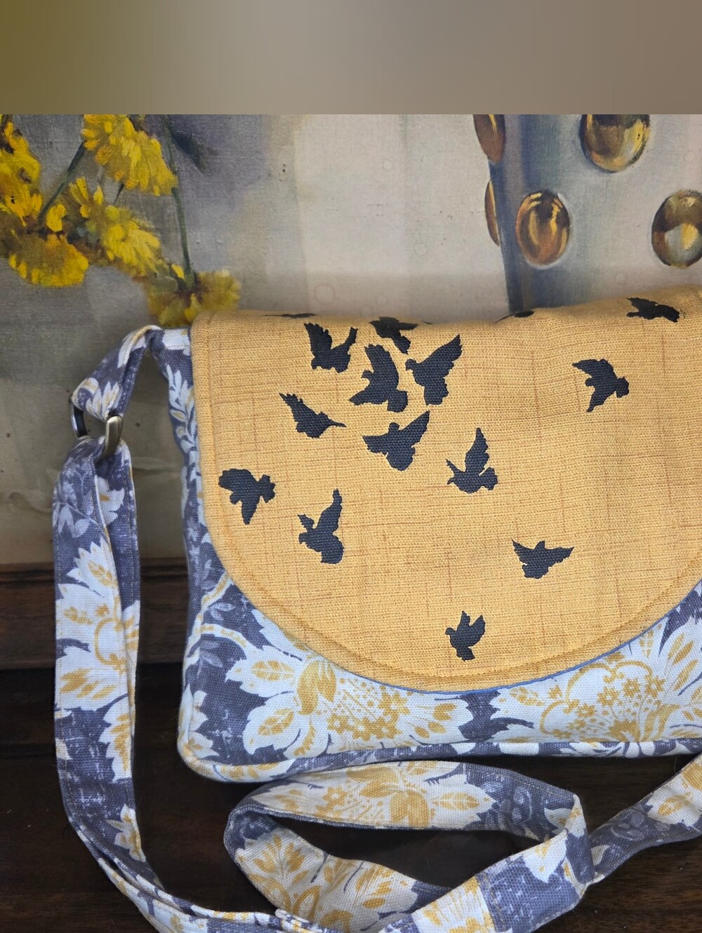 Handmade Floral Crossbody Purse With Floral Pattern & Hand-stenciled Birds OOAK